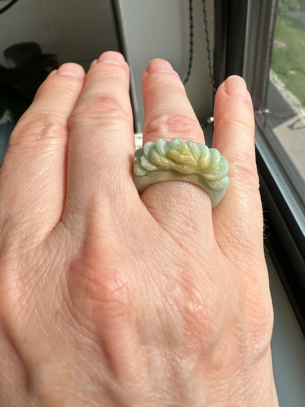 Grade A Natural Burmese Jadeite Jade Solid Carved Flower Ring – Size 6.75